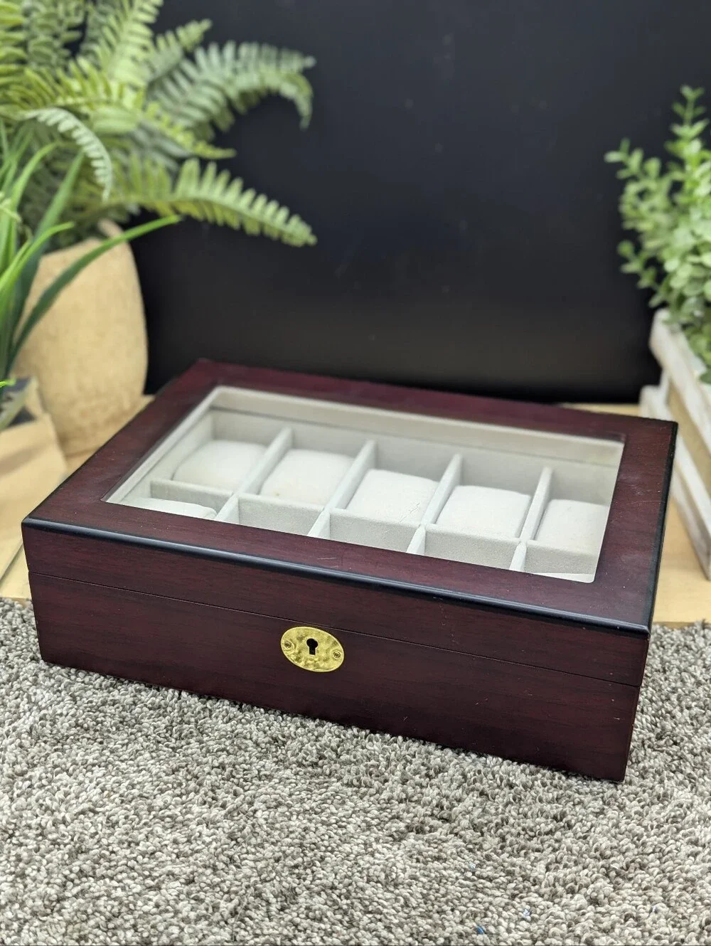 Brillhart Dark Cherry Display 10 Watch Lock Box Very Clean No Key